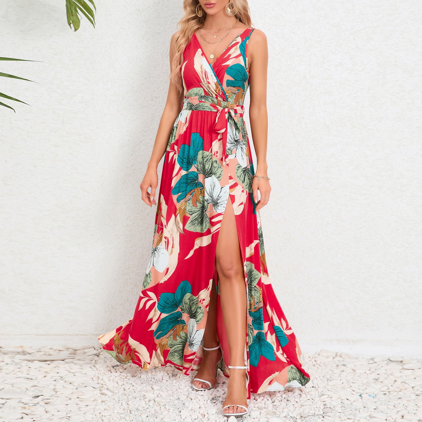 V-Neck Floral Print Maxi Dress - Sleeveless Summer Dress with Waist Tie and Slit