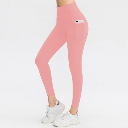 Brushed Side Pocket High-Waist Yoga Leggings - Peach Hip Belly Control