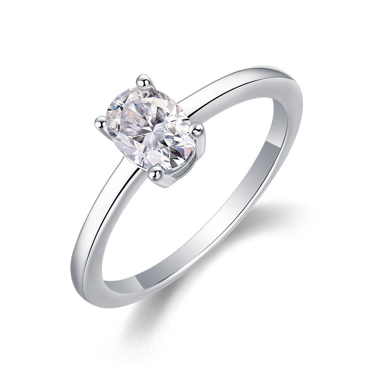 Oval Moissanite Sterling Silver Ring - Platinum Plated Wedding Band