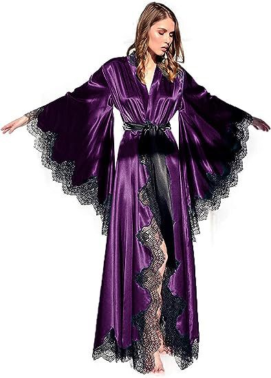 Women's Long Satin Bridal Robe with Lace Trim - V-Neck Wrap Sleepwear