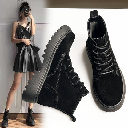 Women's Cowhide Leather Martin Boots - British Style with Lace-Up Front and Square Heel
