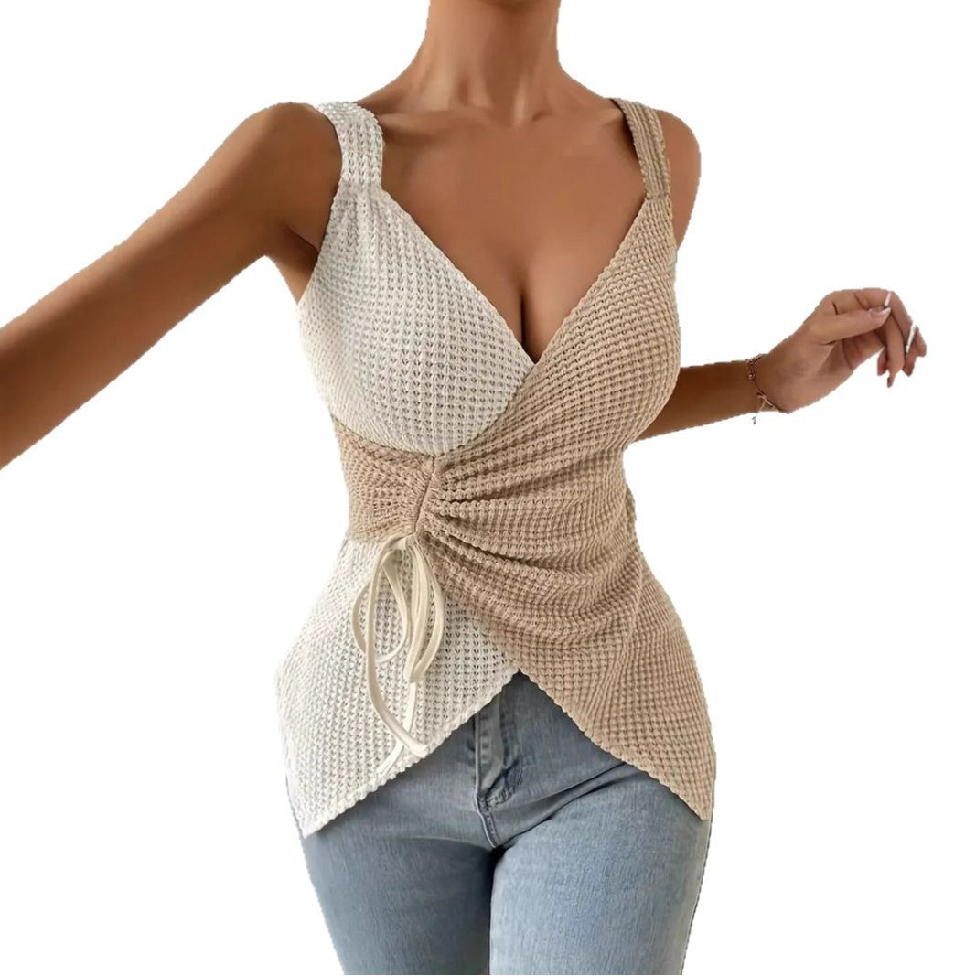 Women's Plunging Neckline Sleeveless Top - Regular Fit Casual Blouse with Shoulder Straps