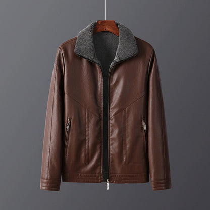 Men's Fleece-Lined PU Leather Jacket - Winter Outerwear