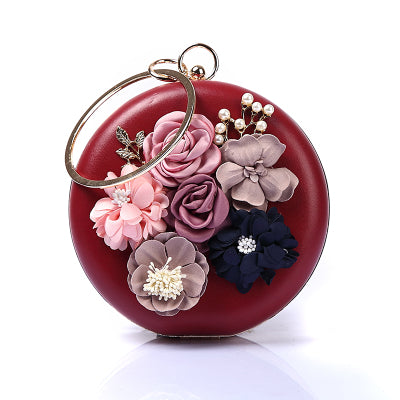 Elegant Round Box Clutch with Floral Detail - PU Leather Evening Bag