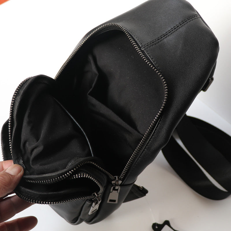 Black Top Layer Cowhide Leather Japanese Casual Chest Bag - Crossbody Sling Bag