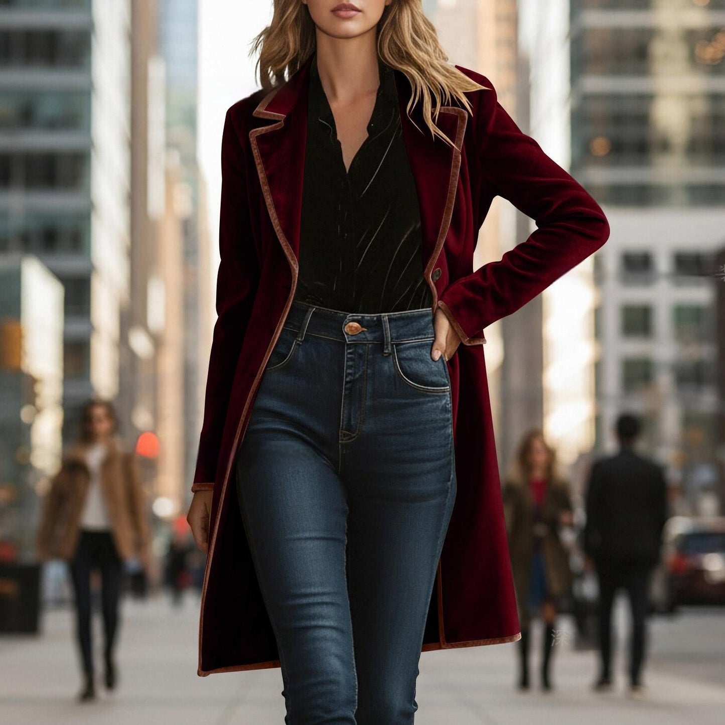 Women's Elegant Velvet Coat - Sophisticated Long Sleeve Winter Jacket