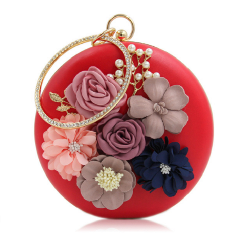 Elegant Round Box Clutch with Floral Detail - PU Leather Evening Bag