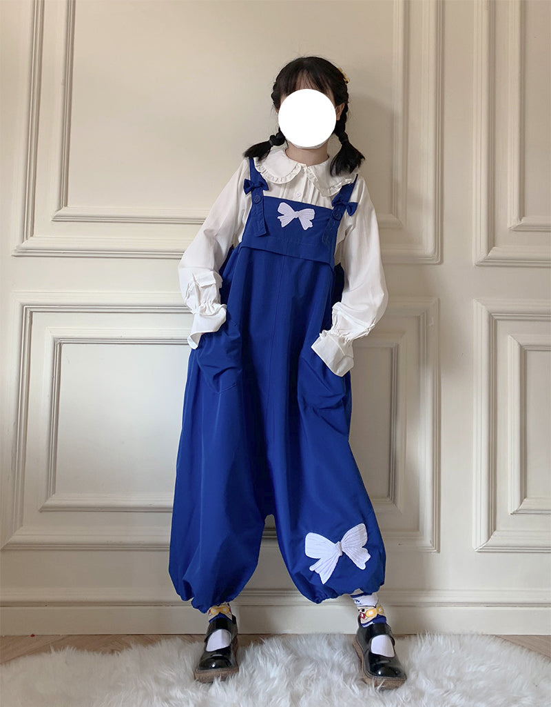 Bow Detail Loose Fit Bib Overalls - Wide Leg Jumpsuit Pants