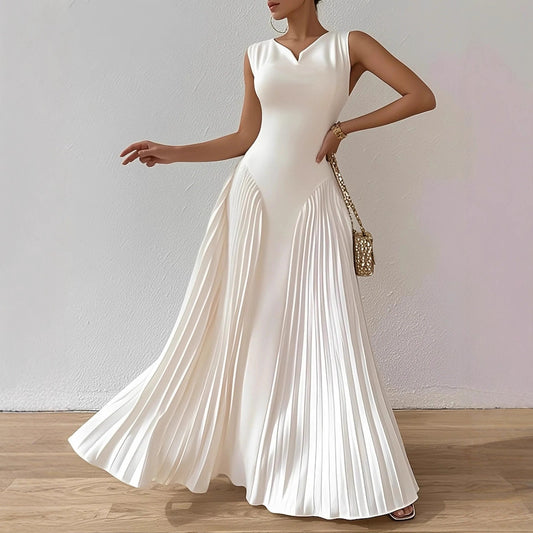 Women's Elegant Pleated Empire Waist Maxi Dress - A-line Long Dress