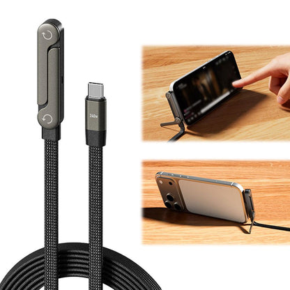 2-in-1 Fast Charging Cable with Built-In Foldable Phone Stand - 90° Elbow Braided Type-C Cable
