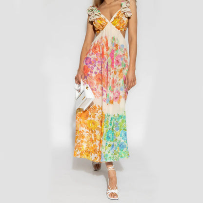Women's V-Neck Ruffle Sleeve Floral Print Backless Maxi Dress - French-Style Beach Dress