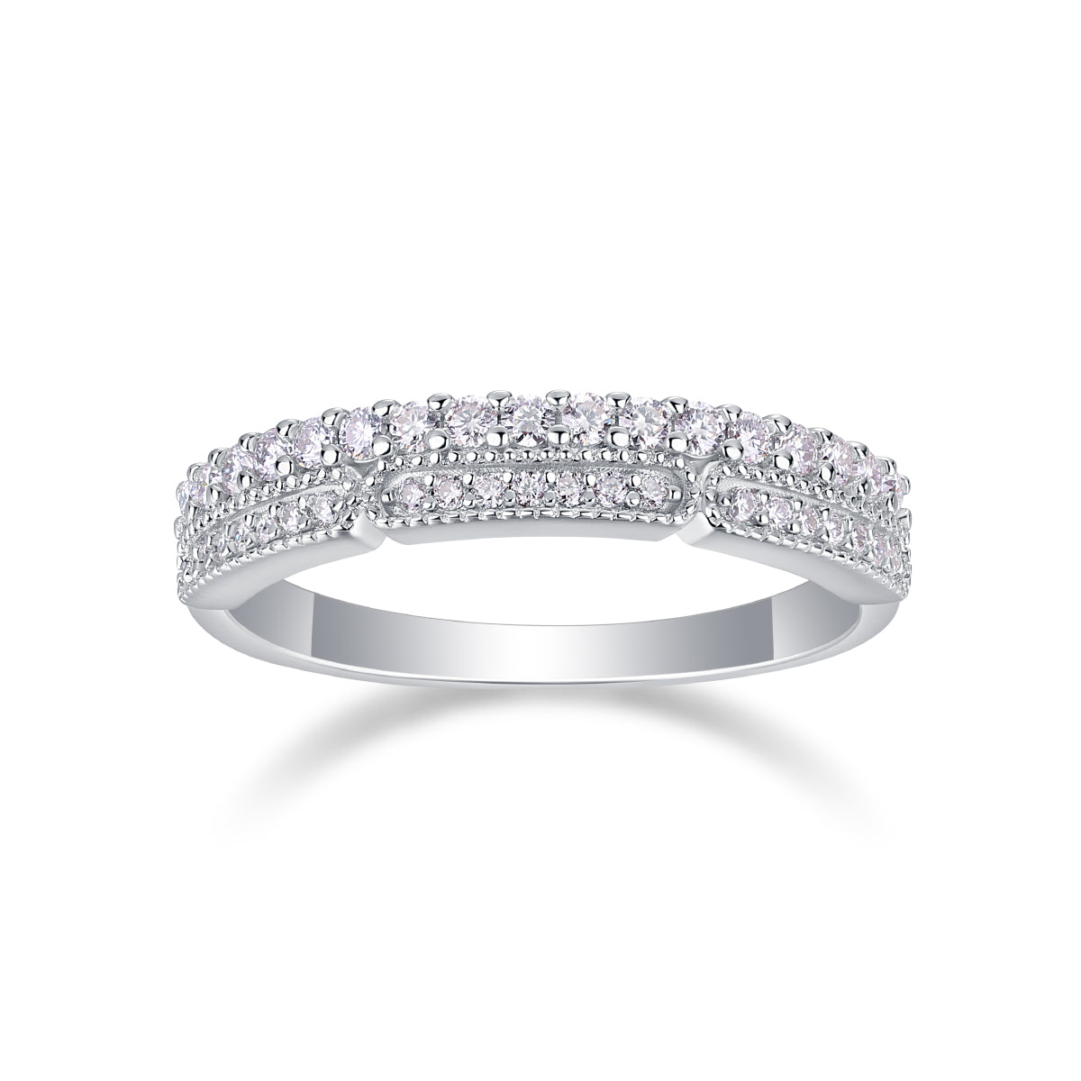 Moissanite Sterling Silver Ring - Platinum Plated Wedding Band