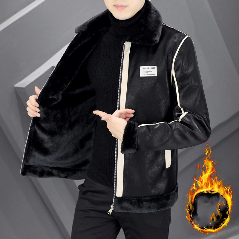 Men's Warm Suede Leather Coat - Velvet Lined Cotton Padded Jacket with Fur Collar