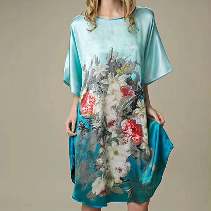 Women's Luxe Silk Bat Sleeve Nightdress - 100% Mulberry Silk Loose Fit Pajama Dress with Inkjet Prints