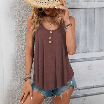 Women's Sleeveless Button-Up Top - Solid Color Round Neck Casual Blouse with Straps