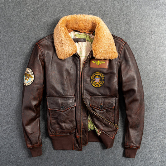 Men's Genuine Leather G1 Motorcycle Jacket - First Layer Cowhide with Detachable Collar
