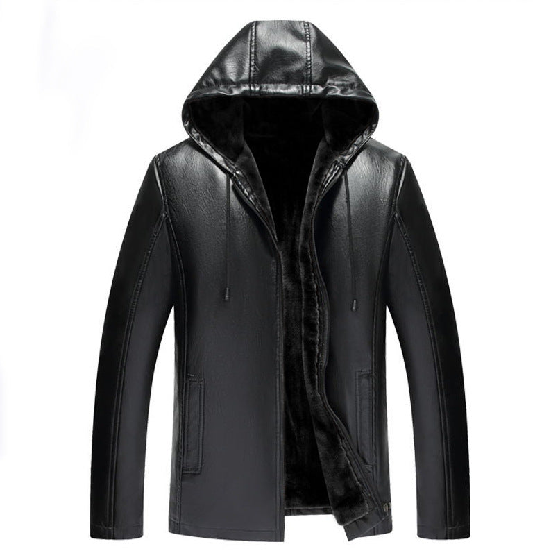 Hooded Warm Leather Jacket - Men's Fur-Lined Velvet Thickening Motorcycle Jacket