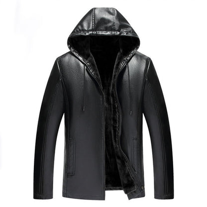 Hooded Warm Leather Jacket - Men's Fur-Lined Velvet Thickening Motorcycle Jacket