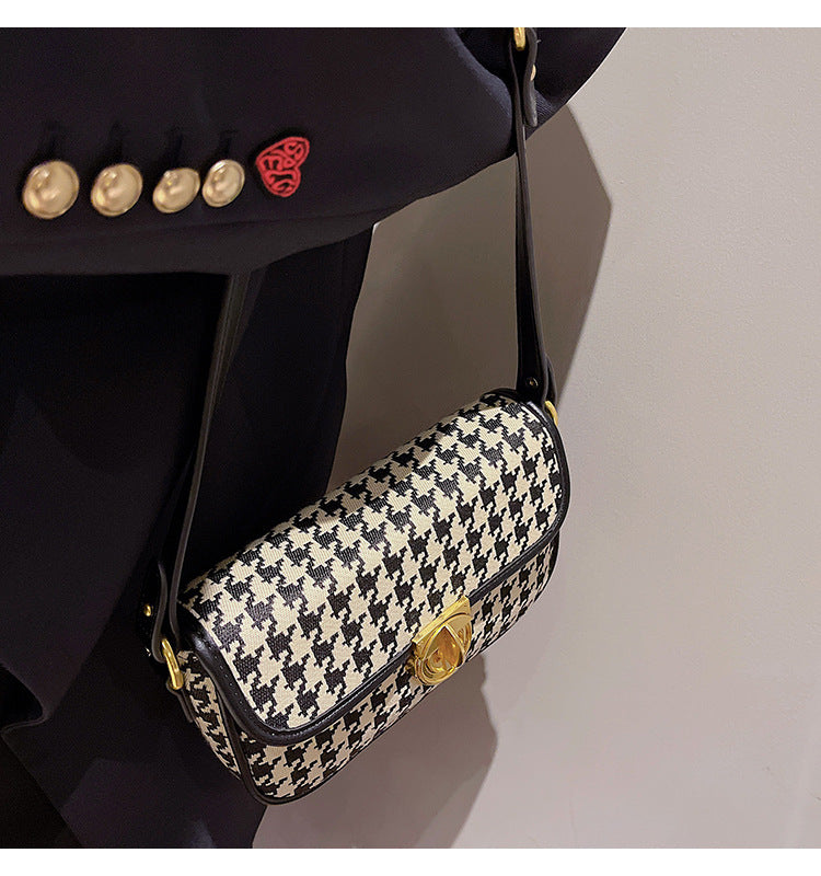 Houndstooth Canvas Baguette Bag - Underarm Shoulder Bag with Adjustable Strap