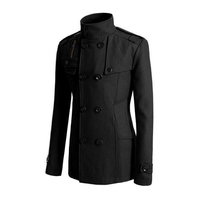 Men's Woolen Coat - Medium-Length Stand-Up Collar Double-Breasted Coat