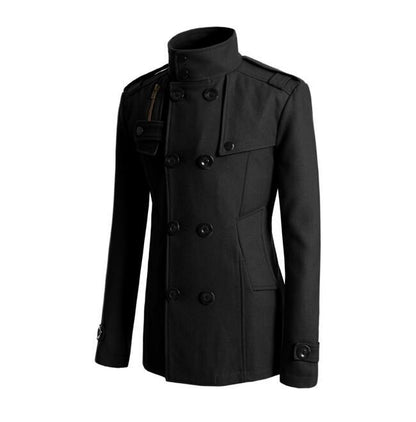 Men's Woolen Coat - Medium-Length Stand-Up Collar Double-Breasted Coat