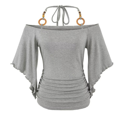 Women's Halter Neck Batwing Sleeve Top - Retro Beaded Style