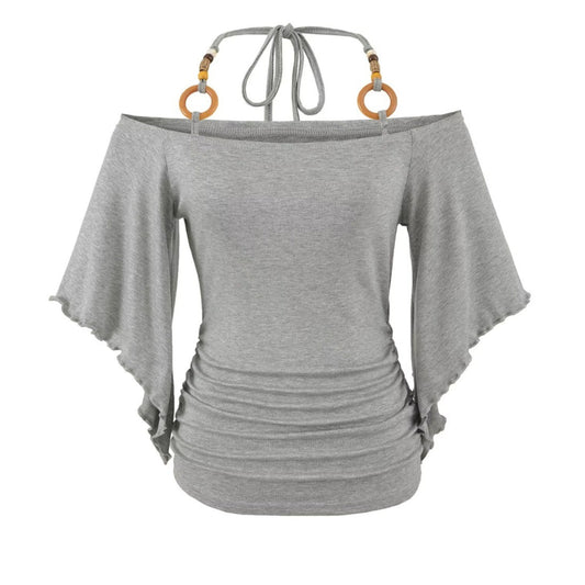 Women's Halter Neck Batwing Sleeve Top - Retro Beaded Style
