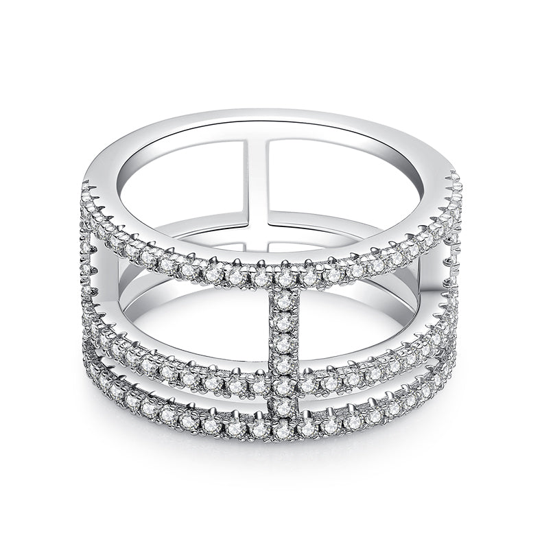 Moissanite Sterling Silver Ring - Platinum Plated Wedding Band