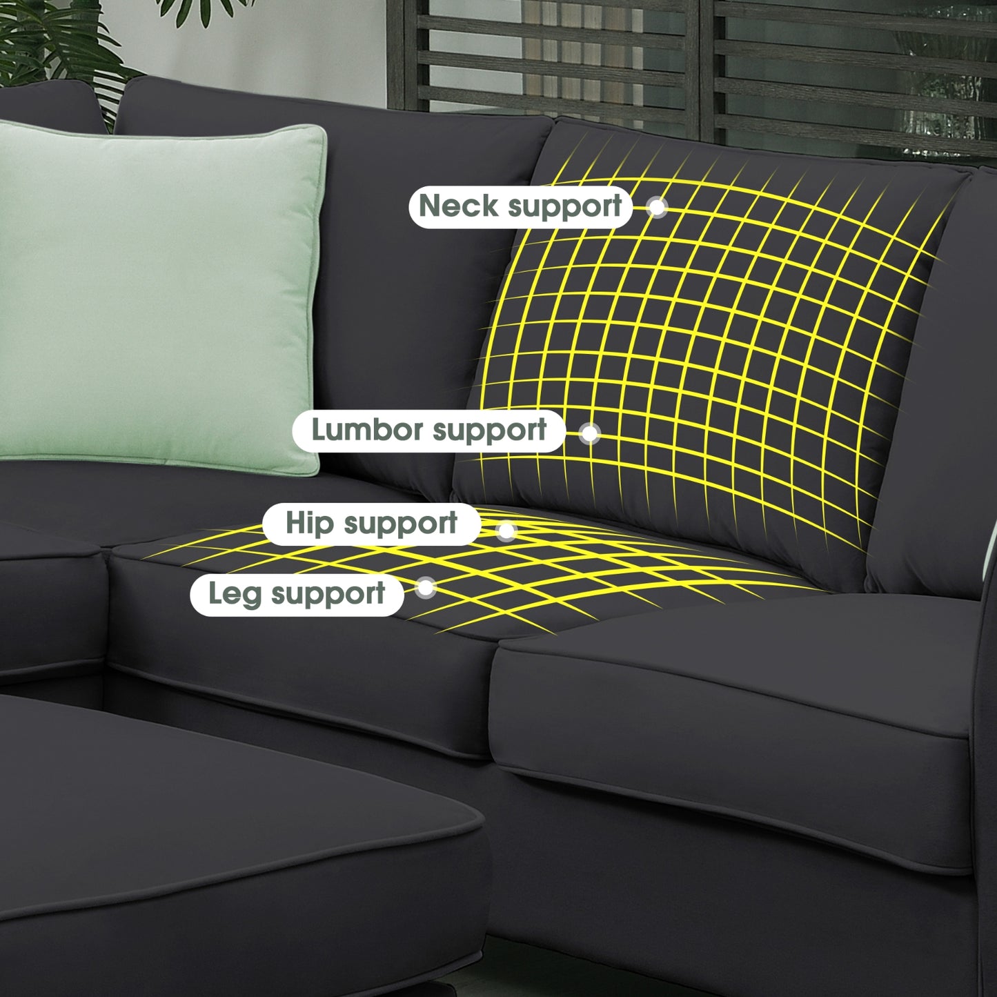 7-Seat Modular L-Shaped Sectional Sofa Set with Ottoman - 112" x 87" Black Polyester Fabric