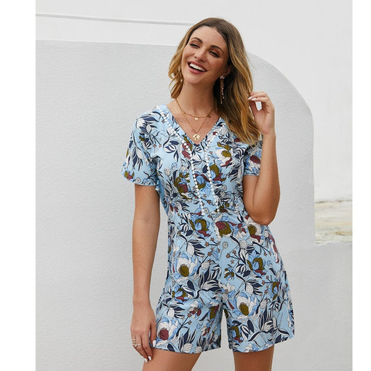 Women's High Waist Bodysuit Romper - Loose Fit Short Sleeve Jumpsuit