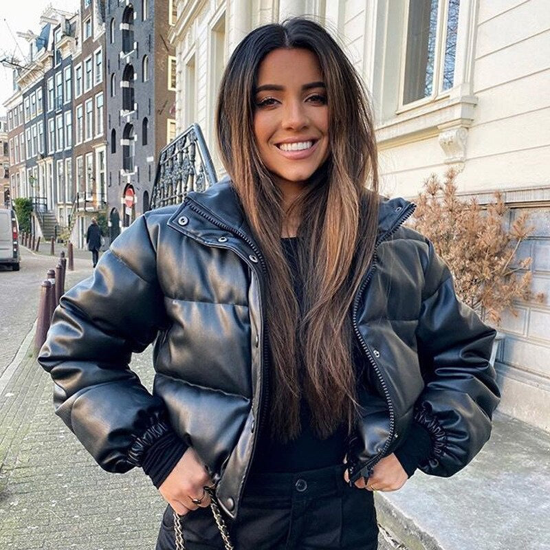 Women's PU Leather Puffer Jacket - Stand Collar Short Coat with Distressed Details