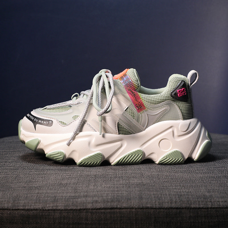 Women's Chunky Sole Sneakers | Synthetic Leather & Mesh Upper | Latex Insole | 5cm Heel | Sizes 35–40 | Green, Grey