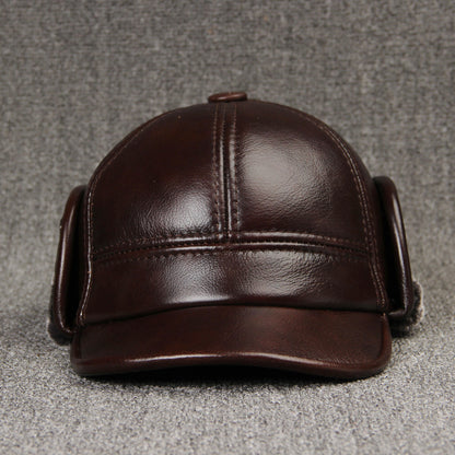 Cowhide Leather Hat for Men - Thick Warm Middle Ear Cap with Plain Weave