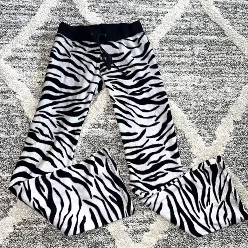 Striped Leopard Print High-Waist Drawstring Casual Trousers