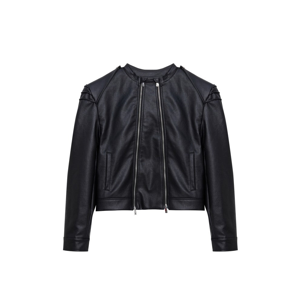 Double Zipper Split Design PU Leather Jacket - Stand Collar Loose Fit Coat