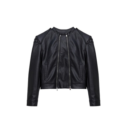 Double Zipper Split Design PU Leather Jacket - Stand Collar Loose Fit Coat
