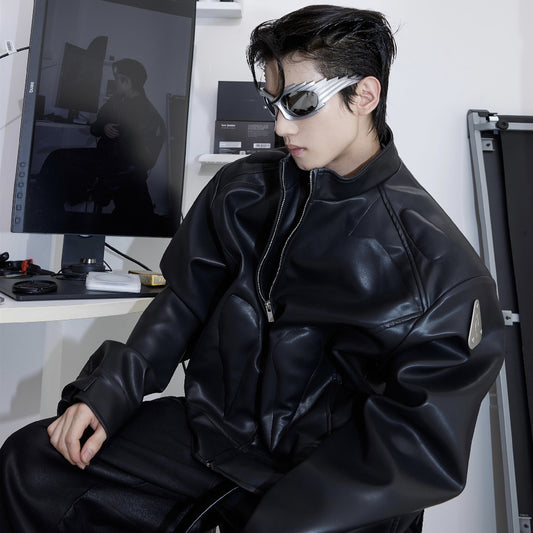 Imitation Leather Jacket - Metal Graphic Design Stand Collar Zipper Jacket
