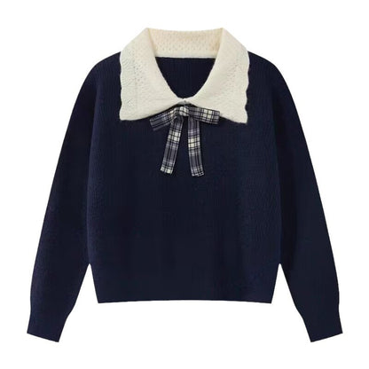 Women's Preppy Color-Block Peter Pan Collar Sweater - Fall Winter Pullover