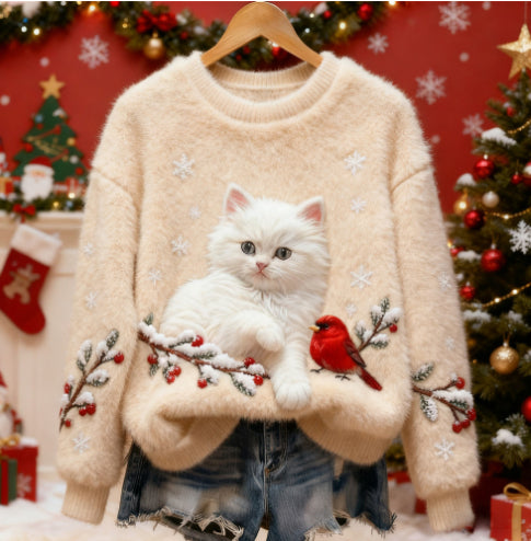 3D Digital Printed Christmas Sweater - Women's Crew Neck Long Sleeve