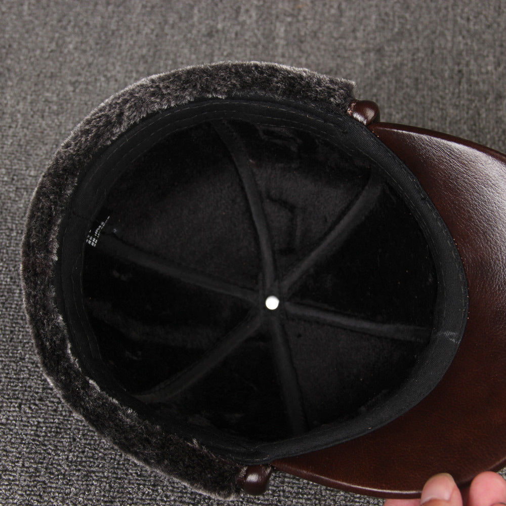 Cowhide Leather Hat for Men - Thick Warm Middle Ear Cap with Plain Weave