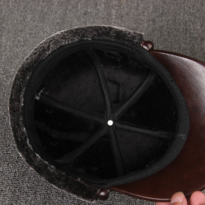 Cowhide Leather Hat for Men - Thick Warm Middle Ear Cap with Plain Weave