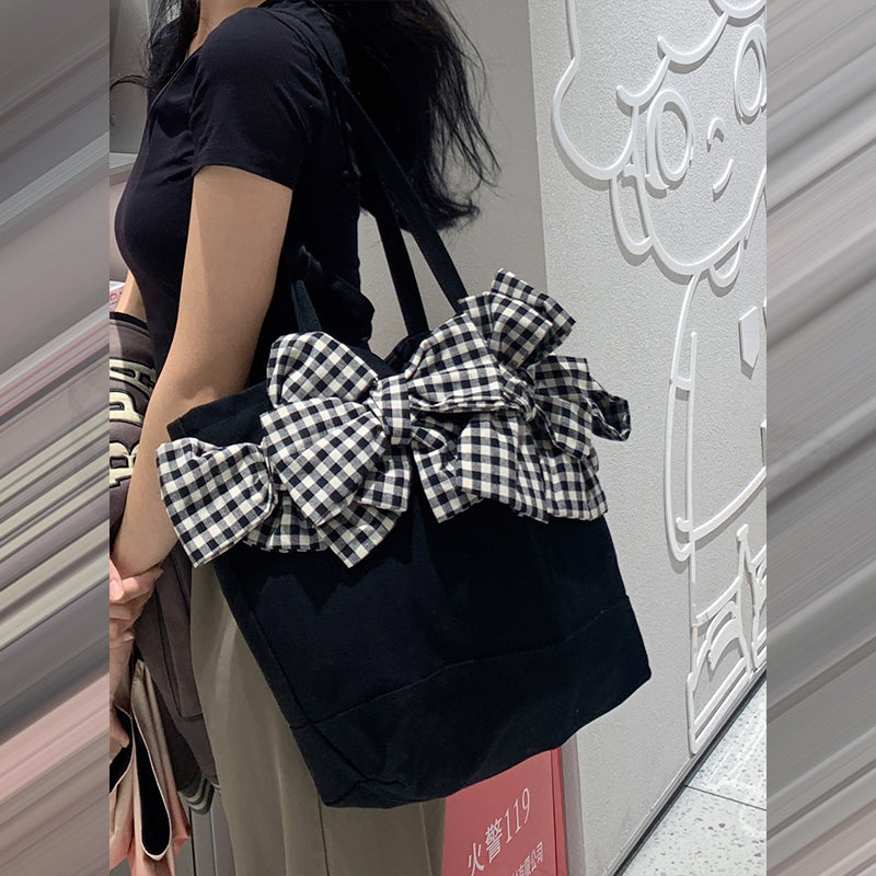 Nylon Plaid Tote Bag - Large Capacity Shopping Bag with Bow Detail