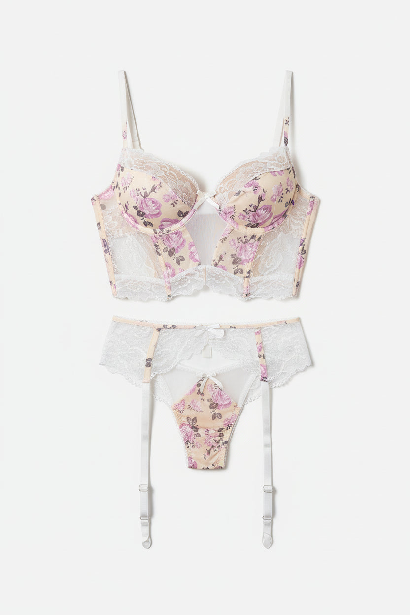 Women's Three-Piece Lingerie Set - Underwire Bra with Garter Straps