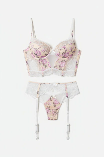 Women's Three-Piece Lingerie Set - Underwire Bra with Garter Straps