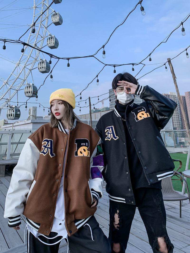 Streetwear Jacket with Smiley Face Flocking Embroidery - Contrast Color Stitching