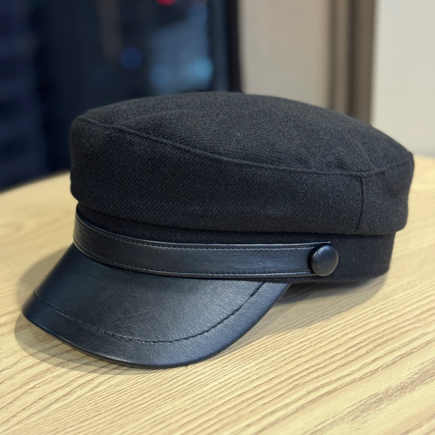 Retro PU Leather Flat-Top Wool Hat - Adjustable Winter Cap