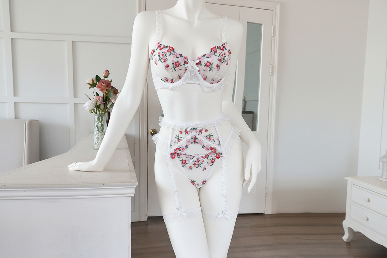 Women's Floral Embroidery Lace Lingerie Set - Four-Piece Pleated Design
