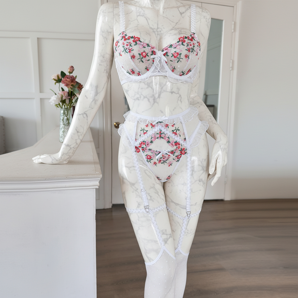 Women's Floral Embroidery Lace Lingerie Set - Four-Piece Pleated Design
