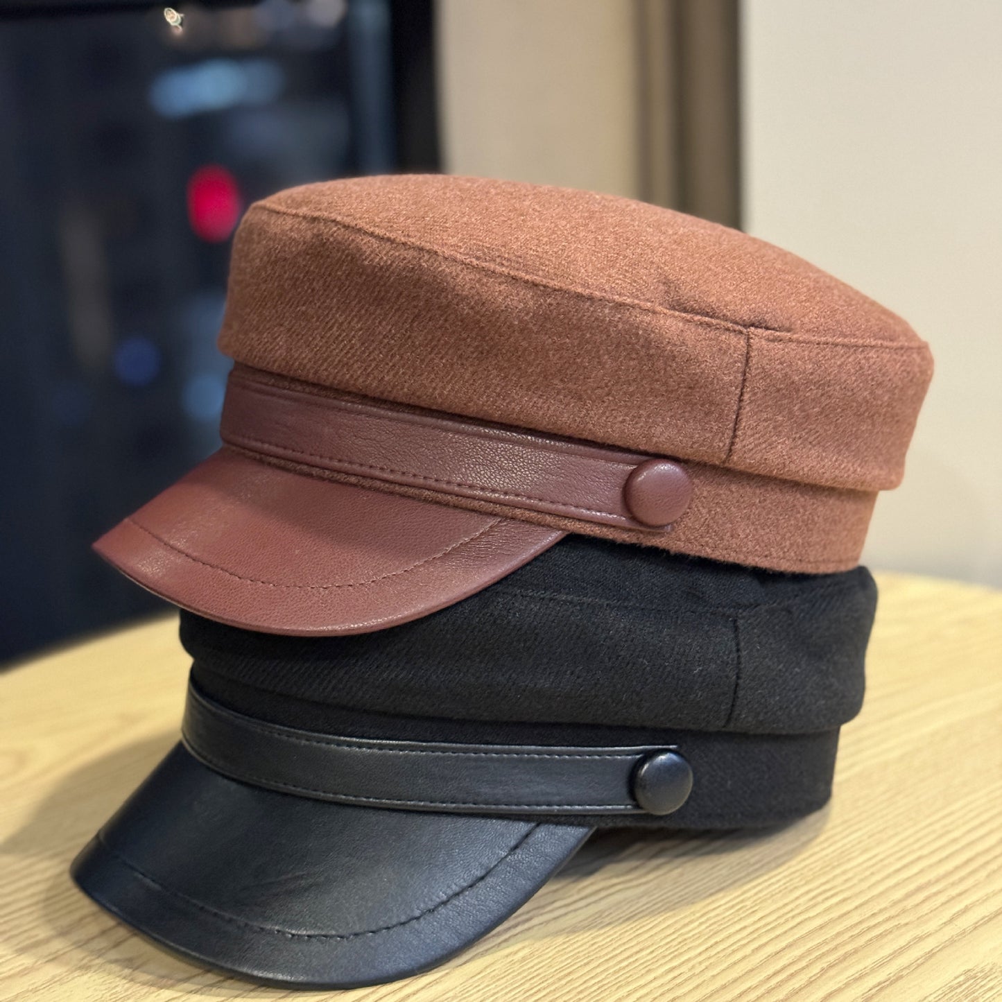 Retro PU Leather Flat-Top Wool Hat - Adjustable Winter Cap