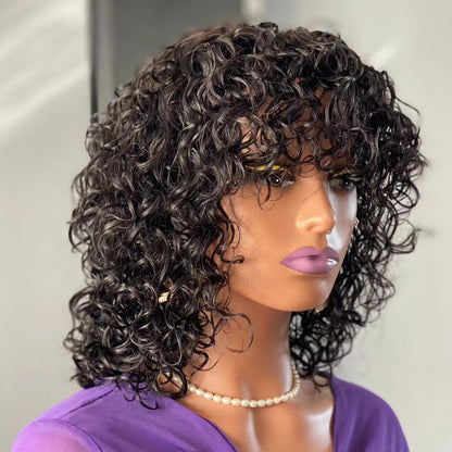 Human Hair Water Wave Wig with Bangs - Natural Black Fringe Wig